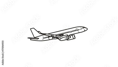 Simple line art illustration of a passenger airplane. A minimalist vector graphic icon for aviation, travel, and transportation concepts