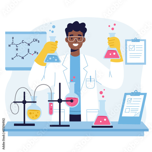 Vector illustration of a man holding a test tube chemistry in a laboratory