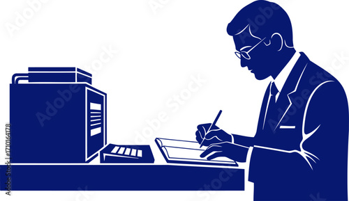 blue silhouette focused writer, pen in hand, crafting prose, isolated on transparent background