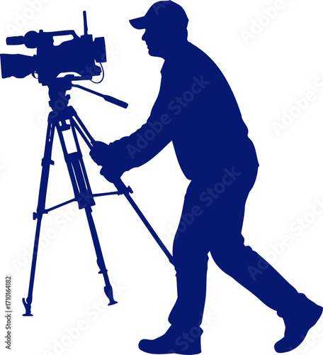 blue silhouette of a cameraman setting up the perfect shot, isolated on transparent background