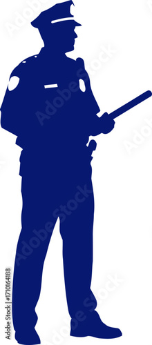 blue silhouette of a police officer vigilant guardian, public safety, isolated on transparent background