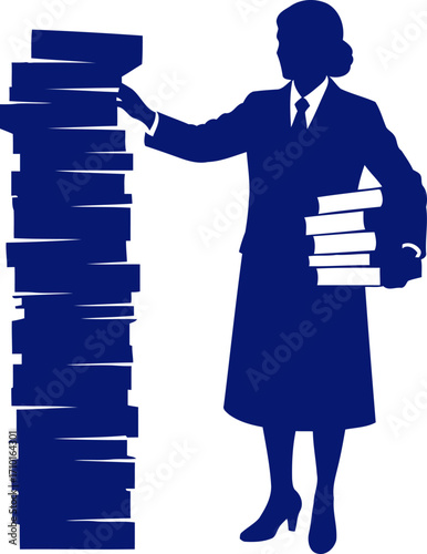 businesswoman manages a towering stack of books and documents, isolated on transparent background