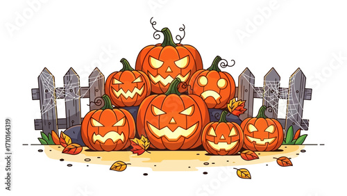 Halloween Pumpkin Gathering: A collection of carved pumpkins, illuminated with eerie faces, form a festive autumn display.