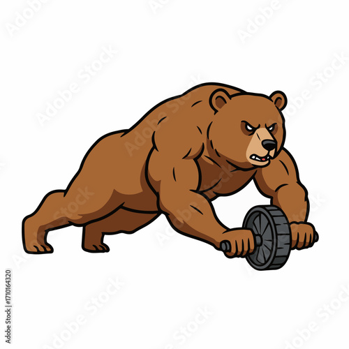 A muscular cartoon bear intensely using an ab roller for a core workout.