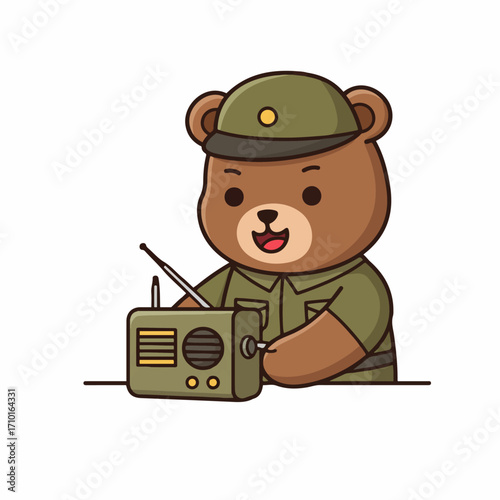 A cute cartoon bear dressed as a soldier, operating a vintage radio with an antenna.