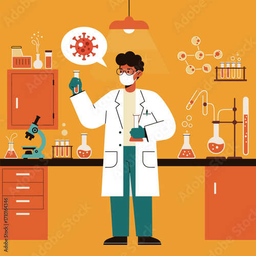 A scientist man working in a laboratory with a test tube, find a cure for the virus