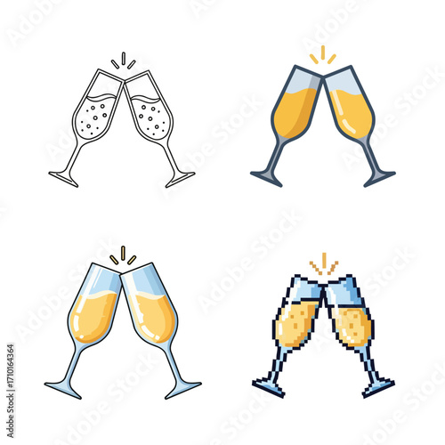Four different styles of champagne glasses clinking together in a toast, including outline, flat design, and pixel art.