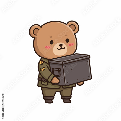 A cute cartoon bear dressed in a military uniform carrying a heavy metal box.