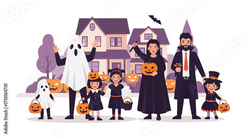 Halloween Family Fun: A festive Halloween scene unfolds, with a family decked out in creative costumes, holding carved pumpkins.
