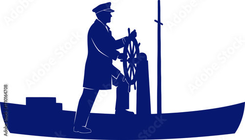 confident captain at helm guiding vessel, blue silhouette, maritime journey, isolated on transparent background