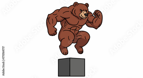 A muscular cartoon bear is captured mid-air, jumping powerfully over a dark gray cube.