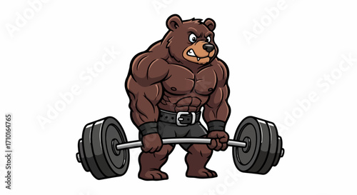 A muscular brown bear is depicted lifting a heavy barbell, showcasing its strength and determination.