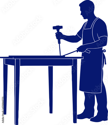 crafting legacy a navy blue silhouette of a craftsman at work, isolated on transparent background