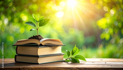 Growth of Knowledge A Plant Emerging from Books, Symbolizing Education and Learning in Nature