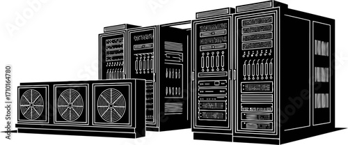data center power cooling system and server racks in monochrome, isolated on transparent background