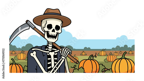Spooky Harvest: A skeletal figure, armed with a scythe, stands amidst a field of pumpkins under a whimsical sky, ready to welcome the spooky season. 