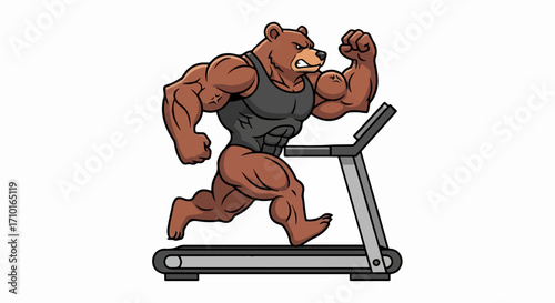 A muscular cartoon bear with a determined expression running on a treadmill, showcasing strength and fitness.