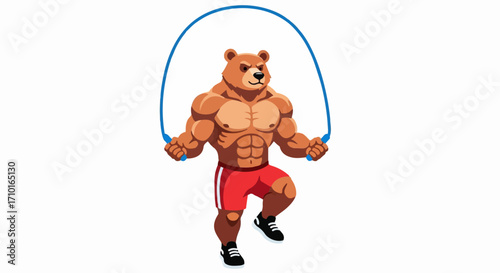 A muscular cartoon bear in red shorts is enthusiastically jumping rope, showcasing its athletic physique.