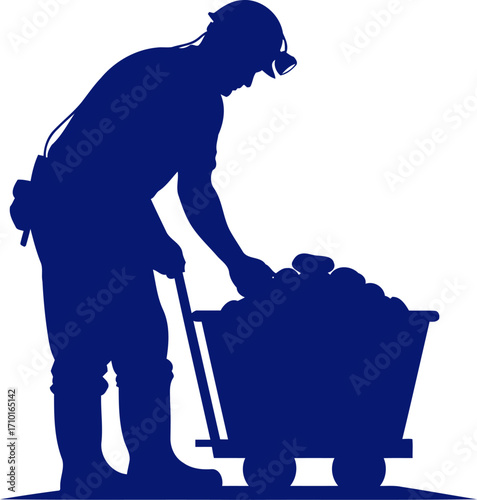 deep mine silhouette coal miner with ore cart, hard labor concept, isolated on transparent background