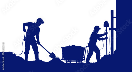 deep blue miners silhouette, teamwork, and the unwavering pursuit of earths treasures, isolated on transparent background