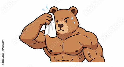 A muscular cartoon bear wiping sweat from its forehead with a white towel, looking exhausted after a workout.