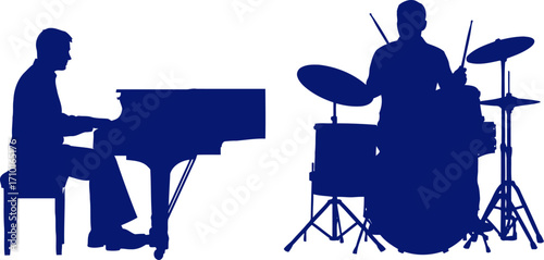 duo of musicians piano and drums, a night of blue silhouettes, isolated on transparent background