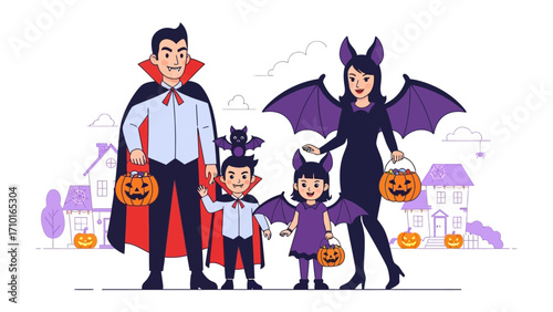 Spooktacular Family Halloween: A family dressed up in costumes with a charming festive atmosphere to share trick-or-treating moments and evoke spooky season memories.