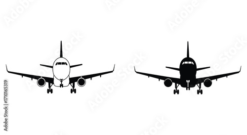 Two black silhouettes of a commercial passenger airplane in a side view