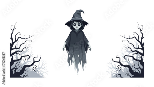 Mysterious Witch Spirit: A haunting illustration of a young witch spirit, complete with a pointed hat, a flowing cloak, and mysterious, ethereal presence in a scene evoking the spooky side.