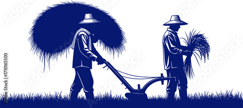 harvesting rice the backbreaking labor of asian farmers, isolated on transparent background