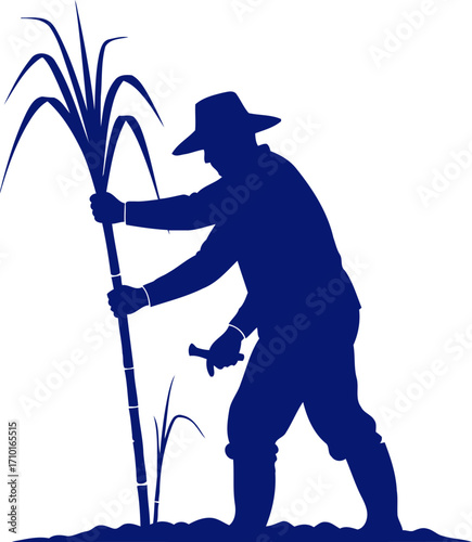 harvesting sweetness a sugarcane farmers silhouette in deep blue, isolated on transparent background