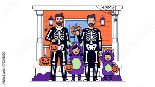 Family in Spooky Garb: A lively family, embracing the Halloween spirit, poses in their captivating costumes, ready to embark on their trick-or-treating adventure. 