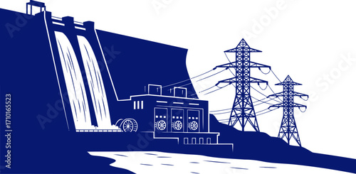 hydroelectric dam powering progress, blue hour silhouette, isolated on transparent background