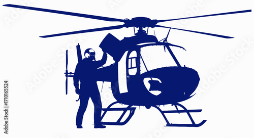 helicopter pilot silhouette preflight check, blue hour mission, isolated on transparent background