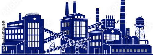 industrial revolution a navy blue silhouette of a bustling factory complex, isolated on transparent background