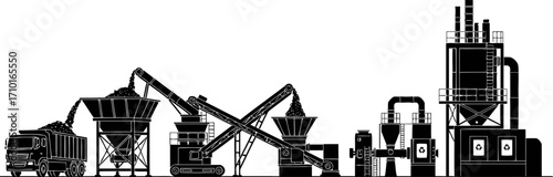 industrial process silhouetted stages of material transformation, isolated on transparent background