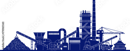 industrial silhouette recycling plant at work, transforming waste, isolated on transparent background