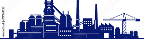 majestic industrial silhouette a navy blue factory complex at dawn, isolated on transparent background