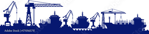 majestic ocean carriers navy blue silhouettes of cargo ships and port cranes, isolated on transparent background