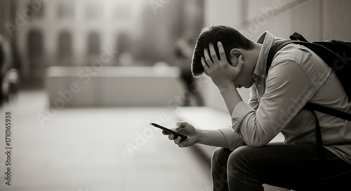 Depressed Young Man Looking at Phone.