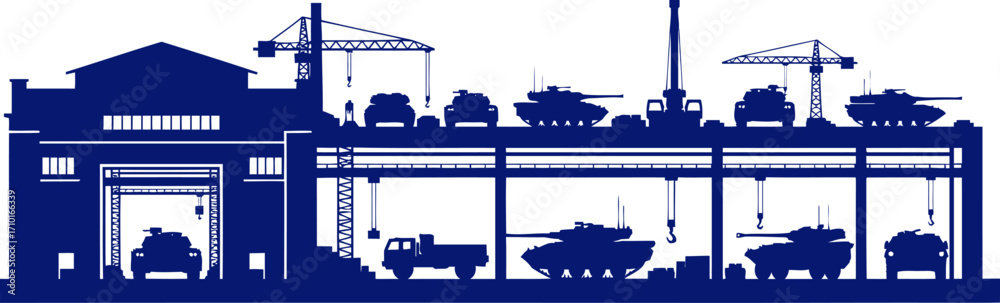 Fototapeta premium military tank factory blueprints of defense, silhouette design, isolated on transparent background