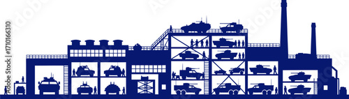 military vehicle factory blueprints of defense, strength in silhouettes, isolated on transparent background