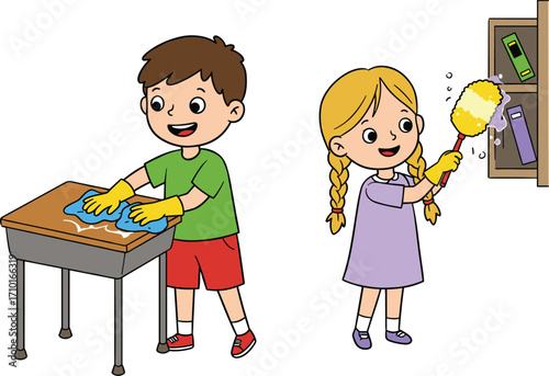 Cartoon children cleaning, teamwork, chores, wiping desk, dusting shelf, gloves, books, duster, responsibility, hygiene, organization, educational, cute, fun, helpful