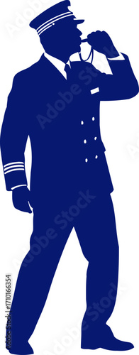 navy blue captain silhouette blowing whistle, maritime command, isolated on transparent background