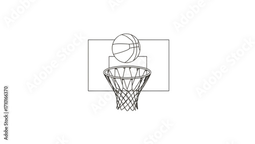 Simple black and white line art of a basketball scoring a point, vector illustration isolated on a white background