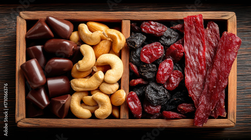 A wooden box with a variety of snacks including nuts, raisins, and meat. The box is placed on a wooden surface
