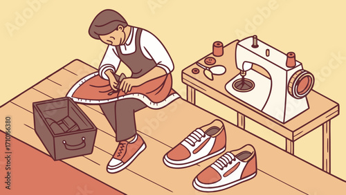 A Cobbler at Work Crafting Shoes with Sewing Machine and Tools