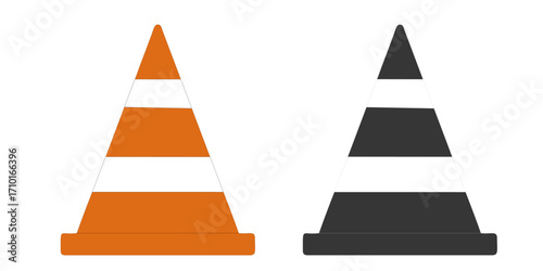 Safety Cone Icon Set – Orange and White Traffic Cone with Black and White Variant, Vector Illustration