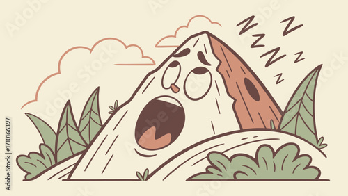 A Hilarious Mountain Character Yawning and Sleeping