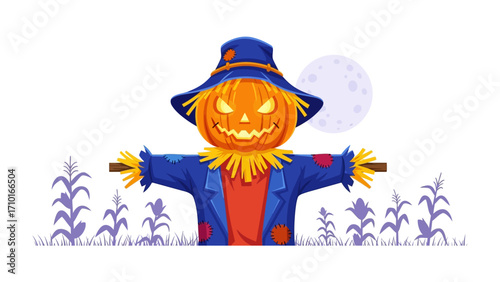 Spooky Scarecrow's Harvest Watch: A charming scarecrow stands guard over a field on a moonlit night, with a jack-o'-lantern head. Evoking the spirit of autumn and the joy of Halloween.